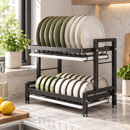 🍽️ 2-Tier Dish Drying Rack | Space-Saving Kitchen Organizer | Countertop Storage