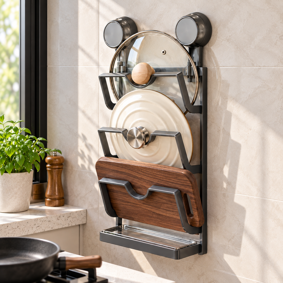 🍳 Wall-Mounted Pot Lid Rack | Space-Saving Metal Organizer | Kitchen Storage