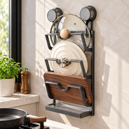 🍳 Wall-Mounted Pot Lid Rack | Space-Saving Metal Organizer | Kitchen Storage