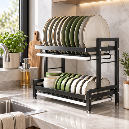 🍽️ 2-Tier Dish Drying Rack | Space-Saving Kitchen Organizer | Countertop Storage