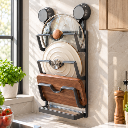 🍳 Wall-Mounted Pot Lid Rack | Space-Saving Metal Organizer | Kitchen Storage