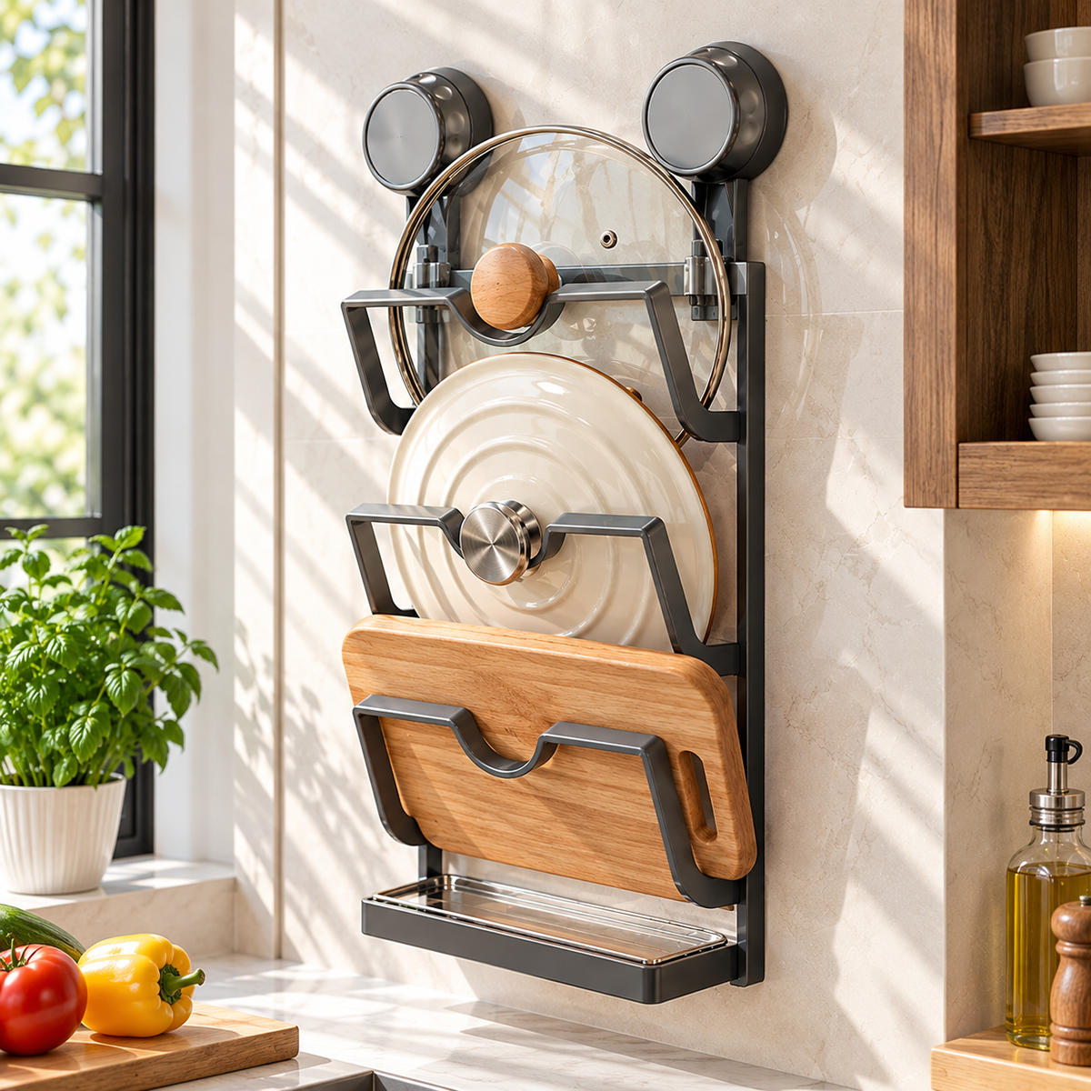 🍳 Wall-Mounted Pot Lid Rack | Space-Saving Metal Organizer | Kitchen Storage