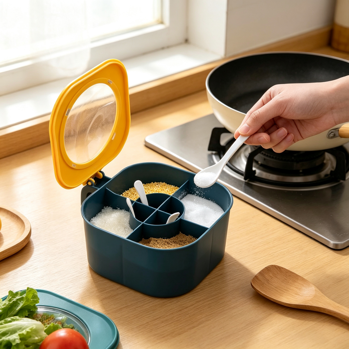 🧂 Seasoning Organizer | Four-Compartment Storage | Everyday Kitchen Prep